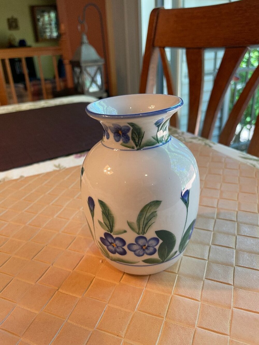 Small Ceramic Bud Vase White with Blue Flowers 5 1/2" high